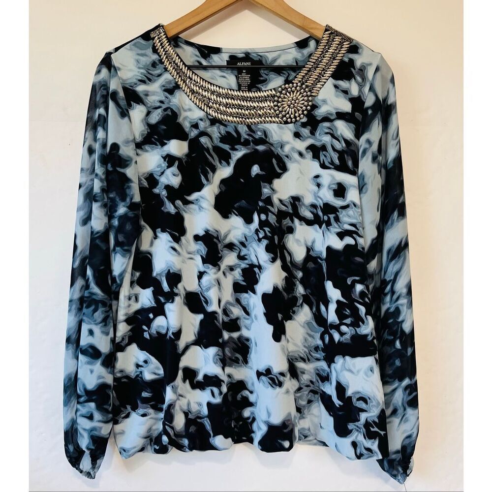Alfani Abstract Black, White And Blue Print Top Size M NWT